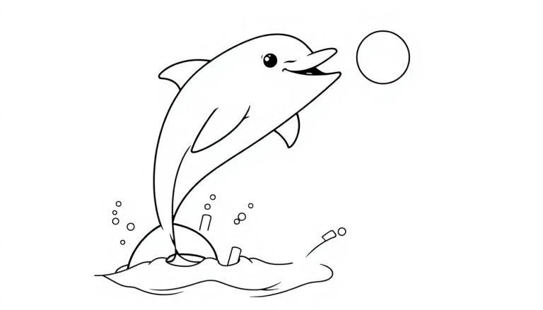 Eine Schwarz-Weiß-Farbtafel eines fröhlichen Delfins, der aus dem Wasser springt, um einen Ball zu fangen.
