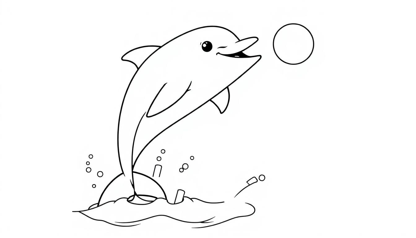 Eine Schwarz-Weiß-Farbtafel eines fröhlichen Delfins, der aus dem Wasser springt, um einen Ball zu fangen.