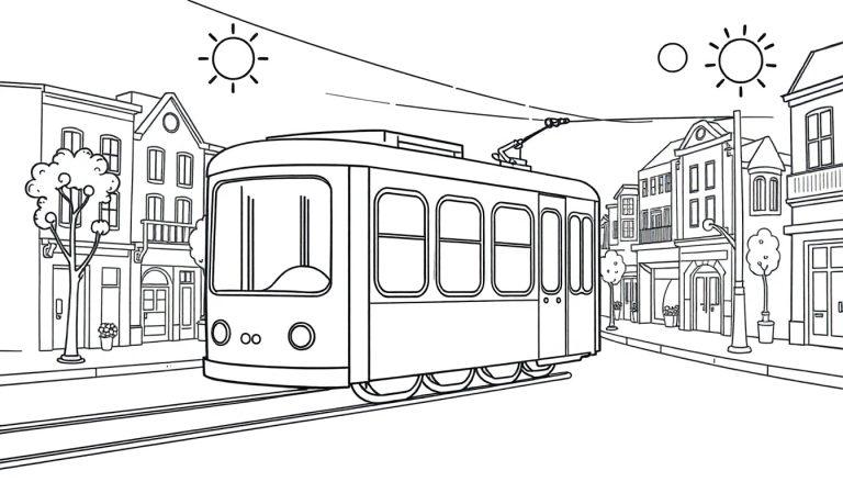 Eine schwarz-weiße Farbtafel einer Straßenbahn mit vielen Fenstern in einer Stadt.