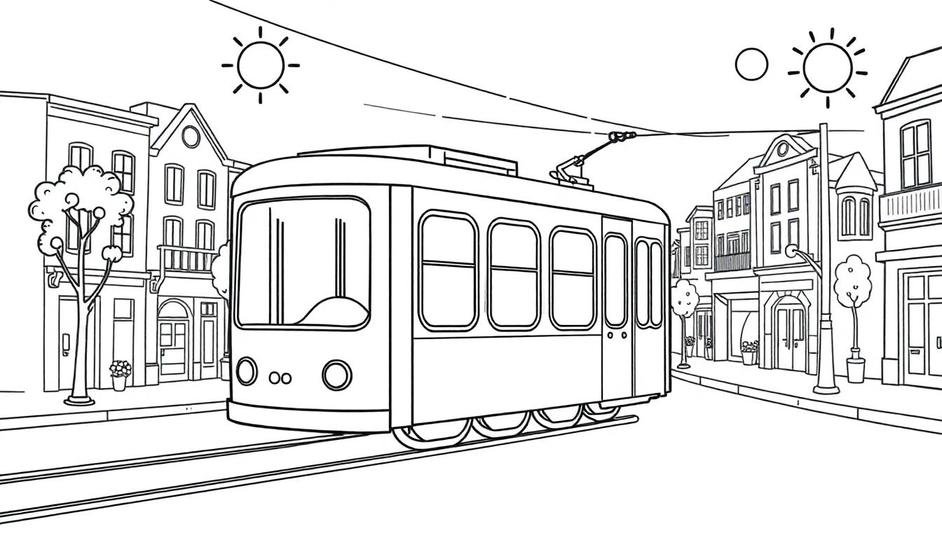 Eine schwarz-weiße Farbtafel einer Straßenbahn mit vielen Fenstern in einer Stadt.