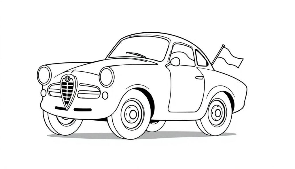 Eine schwarz-weiße Farbtafel eines Oldtimer-Rennwagens im Cartoon-Stil mit großen Scheinwerfern und einem kleinen Fähnchen.
