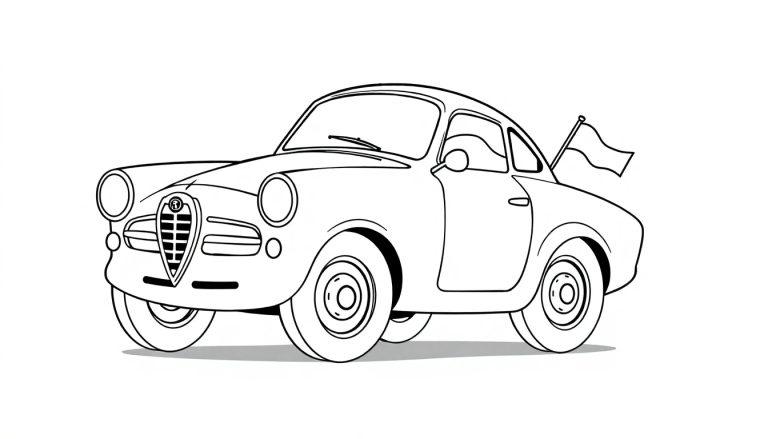 Eine schwarz-weiße Farbtafel eines Oldtimer-Rennwagens im Cartoon-Stil mit großen Scheinwerfern und einem kleinen Fähnchen.