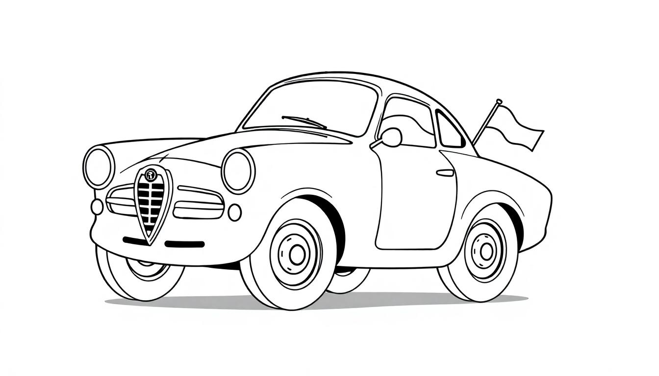 Eine schwarz-weiße Farbtafel eines Oldtimer-Rennwagens im Cartoon-Stil mit großen Scheinwerfern und einem kleinen Fähnchen.