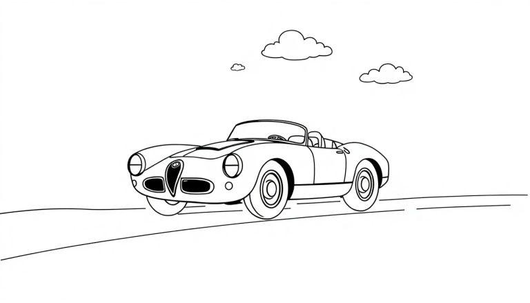 Farbtafel: Ein niedliches, schwarz-weiß gezeichnetes Cartoon-Cabrio im Stil eines alten Alfa Romeo fährt auf einer einfachen Straße unter stilisierten Wolken.
