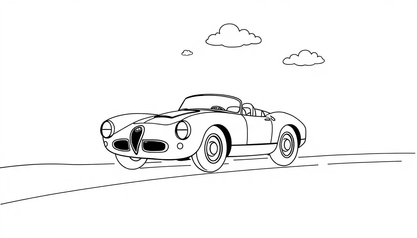 Farbtafel: Ein niedliches, schwarz-weiß gezeichnetes Cartoon-Cabrio im Stil eines alten Alfa Romeo fährt auf einer einfachen Straße unter stilisierten Wolken.