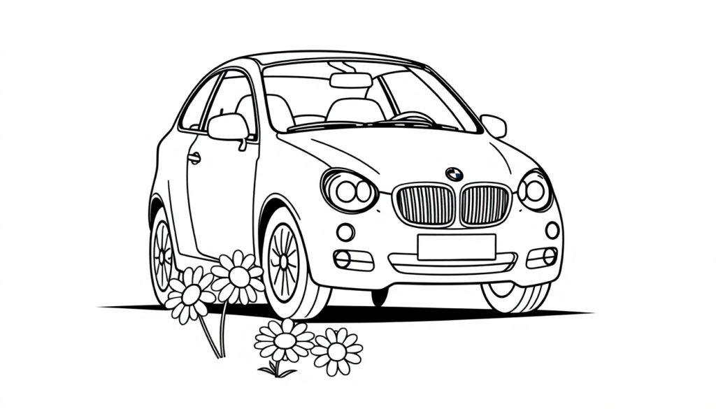 Schwarz-weiße Farbtafel eines süßen, kleinen BMW-Autos mit Gänseblümchen davor.