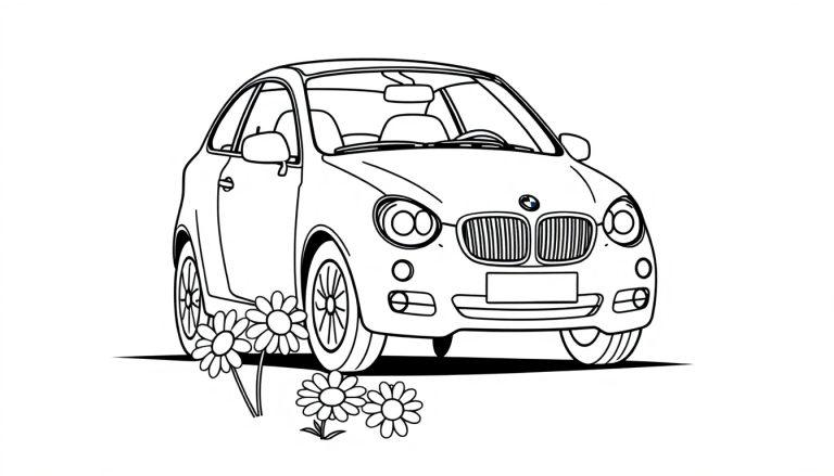 Schwarz-weiße Farbtafel eines süßen, kleinen BMW-Autos mit Gänseblümchen davor.