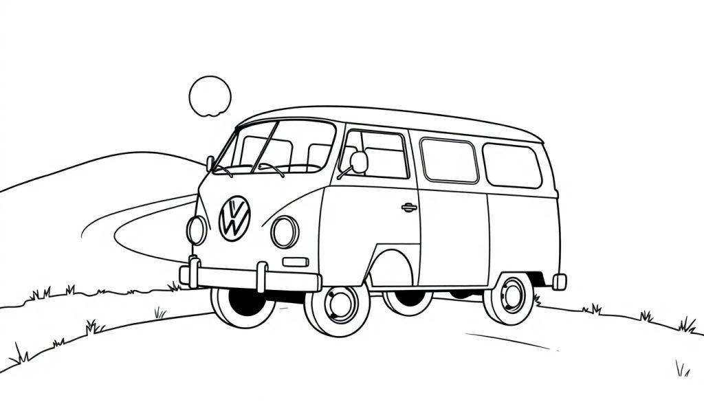 Eine Farbtafel-Zeichnung eines freundlichen VW-Busses auf einem Hügel unter einer Sonne.