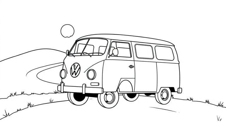 Eine Farbtafel-Zeichnung eines freundlichen VW-Busses auf einem Hügel unter einer Sonne.