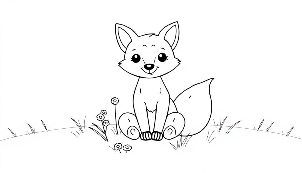 Eine süße Schwarz-Weiß-Farbtafel-Zeichnung eines Cartoon-Fuchses sitzt auf einer Lichtung mit Gras und Blumen.