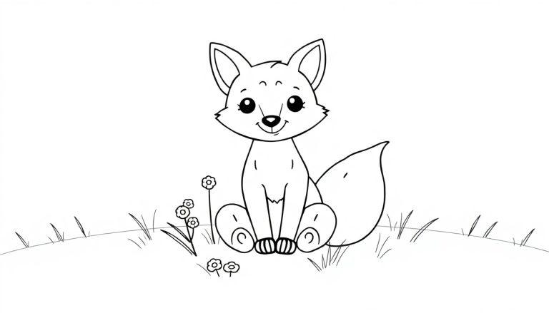 Eine süße Schwarz-Weiß-Farbtafel-Zeichnung eines Cartoon-Fuchses sitzt auf einer Lichtung mit Gras und Blumen.