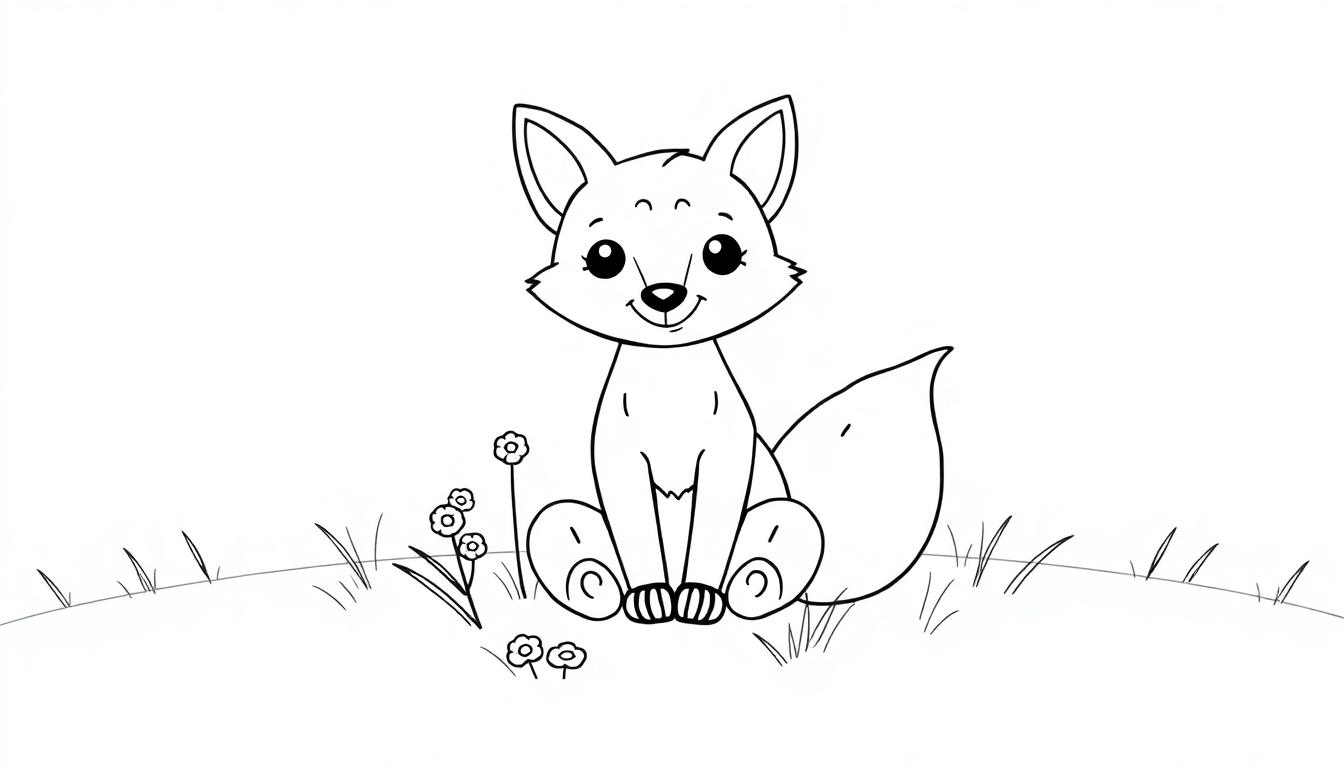 Eine süße Schwarz-Weiß-Farbtafel-Zeichnung eines Cartoon-Fuchses sitzt auf einer Lichtung mit Gras und Blumen.