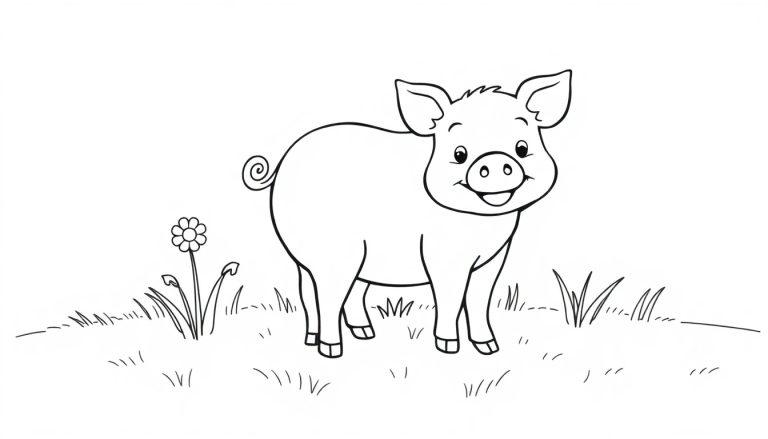 Eine Schwarz-Weiß-Farbtafel eines süßen Schweins auf einer Wiese.
