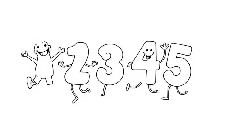 Schwarz-Weiß-Farbtafel von den Zahlen 2, 3, 4 und 5, die fröhlich mit angehängten Armen und Beinen laufen, und einer lächelnden Comic-Figur.