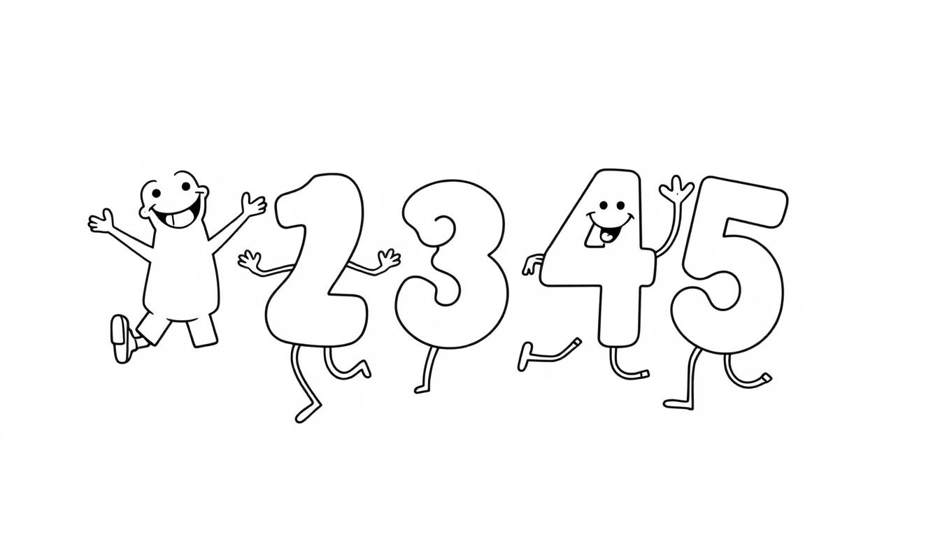 Schwarz-Weiß-Farbtafel von den Zahlen 2, 3, 4 und 5, die fröhlich mit angehängten Armen und Beinen laufen, und einer lächelnden Comic-Figur.