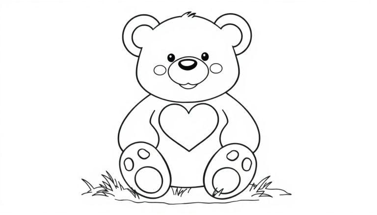 Schwarz-Weiß-Farbtafel-Cartoon eines Teddybären mit einem Herz auf dem Bauch, der im Gras sitzt.