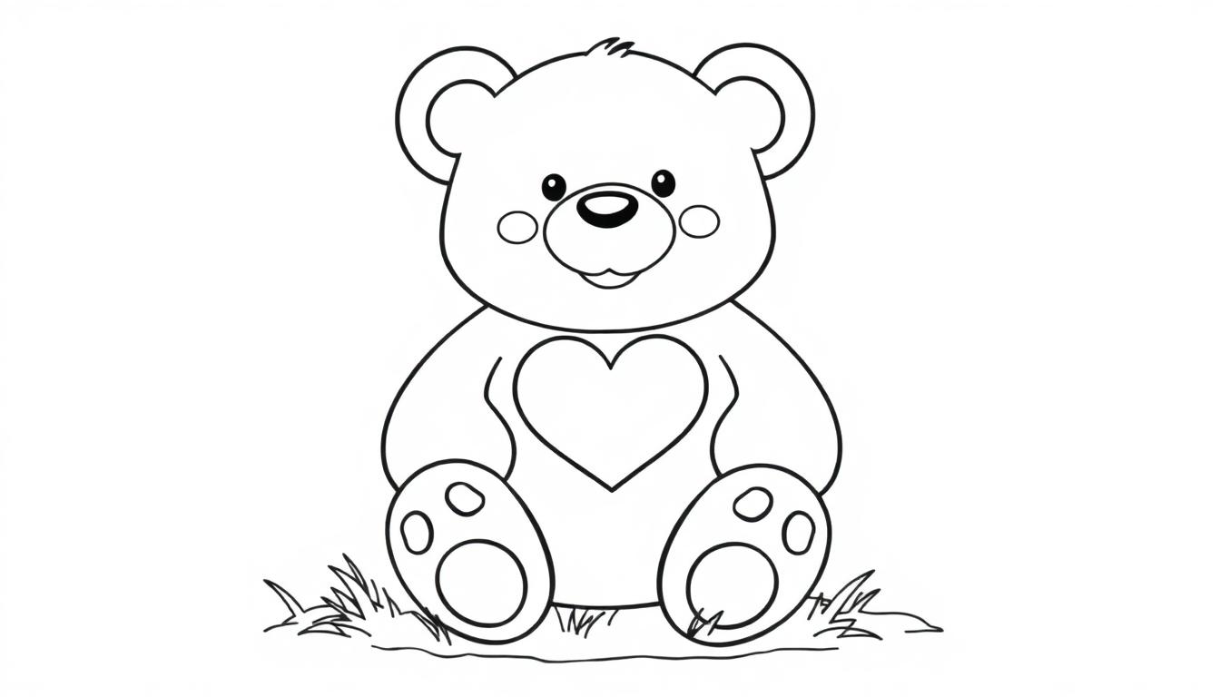 Schwarz-Weiß-Farbtafel-Cartoon eines Teddybären mit einem Herz auf dem Bauch, der im Gras sitzt.