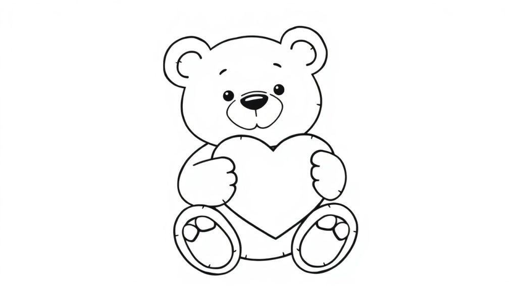 Eine Strichzeichnung eines Teddybären, der ein Herz hält, bereit zum Ausmalen, eine Farbtafel.