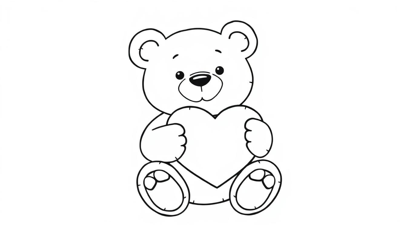 Eine Strichzeichnung eines Teddybären, der ein Herz hält, bereit zum Ausmalen, eine Farbtafel.