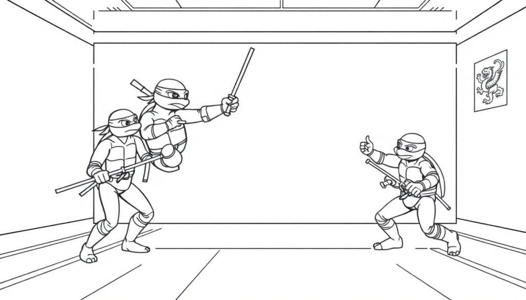 Farbtafel: Teenage Mutant Ninja Turtles üben Kung-Fu-Moves.