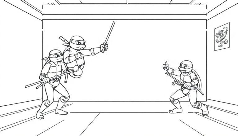 Farbtafel: Teenage Mutant Ninja Turtles üben Kung-Fu-Moves.