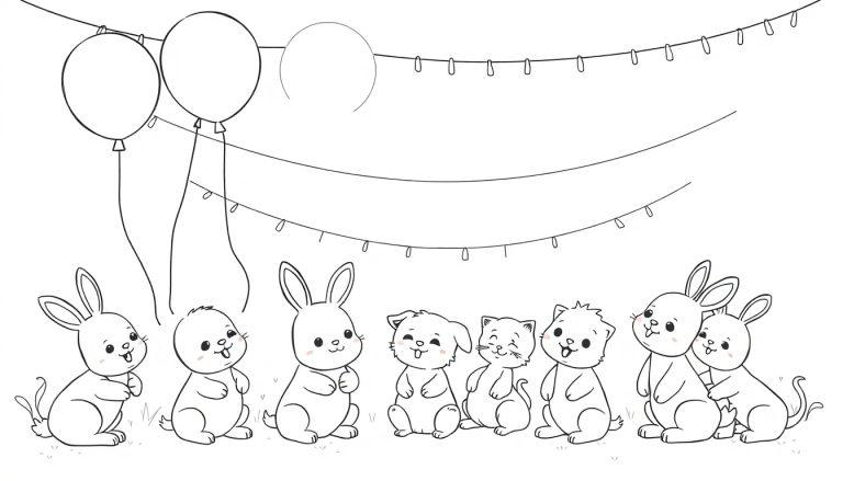 Eine Schwarz-Weiß-Farbtafel mit süßen Tieren, Girlanden und Ballons.