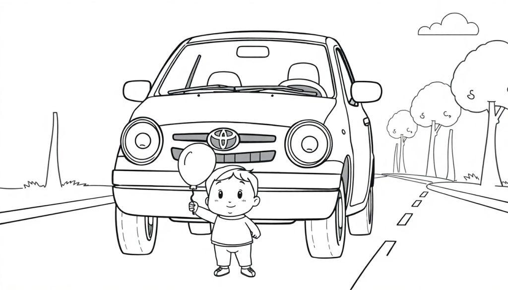 Ein kleines Kind hält einen Ballon vor einem Toyota-Auto, eine Schwarzweiß-Farbtafelzeichnung.