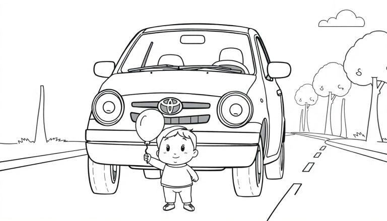 Ein kleines Kind hält einen Ballon vor einem Toyota-Auto, eine Schwarzweiß-Farbtafelzeichnung.