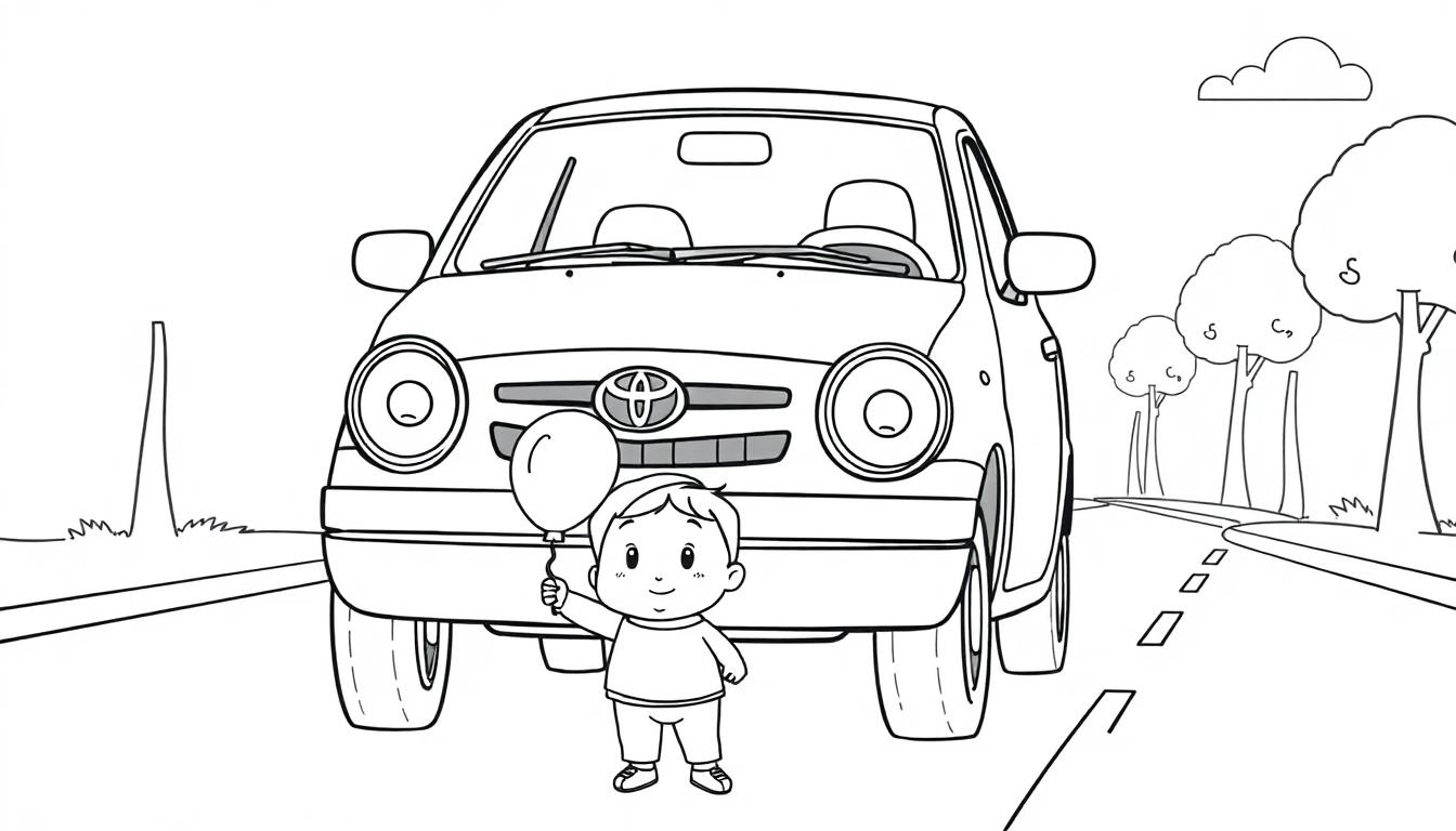 Ein kleines Kind hält einen Ballon vor einem Toyota-Auto, eine Schwarzweiß-Farbtafelzeichnung.