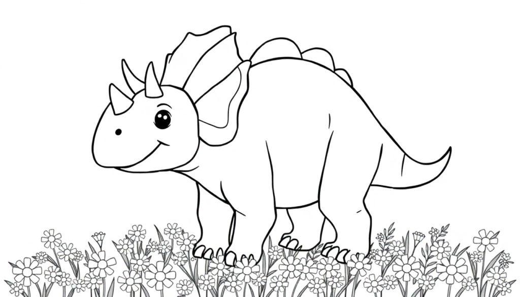 Eine Farbtafel-Schwarz-Weiß-Zeichnung eines lächelnden Triceratops auf einer Blumenwiese.