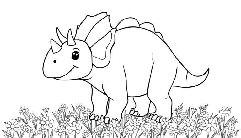 Eine Farbtafel-Schwarz-Weiß-Zeichnung eines lächelnden Triceratops auf einer Blumenwiese.