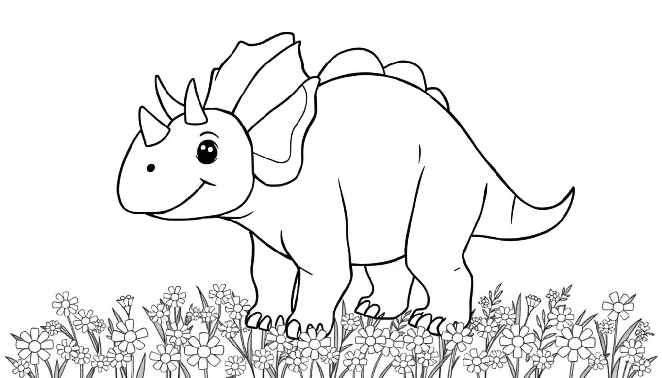 Eine Farbtafel-Schwarz-Weiß-Zeichnung eines lächelnden Triceratops auf einer Blumenwiese.