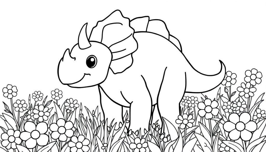 Eine freundliche Farbtafel eines Triceratops, der auf einem Feld mit Gänseblümchen steht.