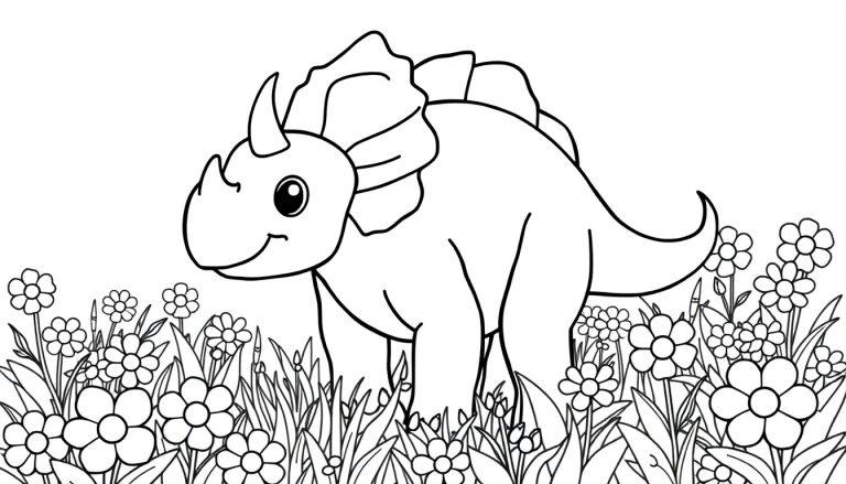 Eine freundliche Farbtafel eines Triceratops, der auf einem Feld mit Gänseblümchen steht.