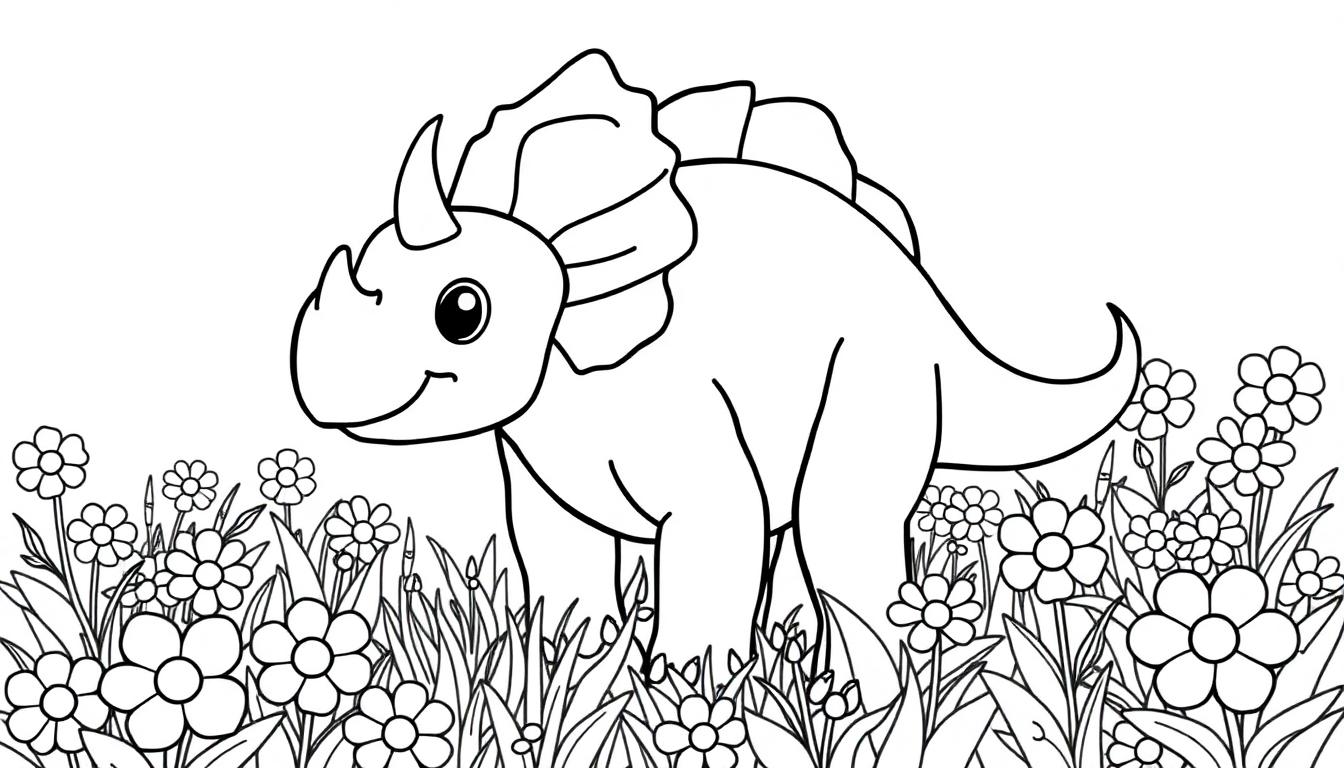 Eine freundliche Farbtafel eines Triceratops, der auf einem Feld mit Gänseblümchen steht.