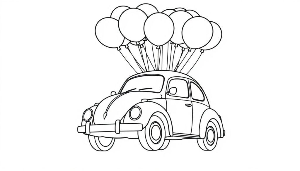 Schwarz-weiße Farbtafel: Ein fröhlicher VW Käfer fliegt mit vielen bunten Ballons davon.