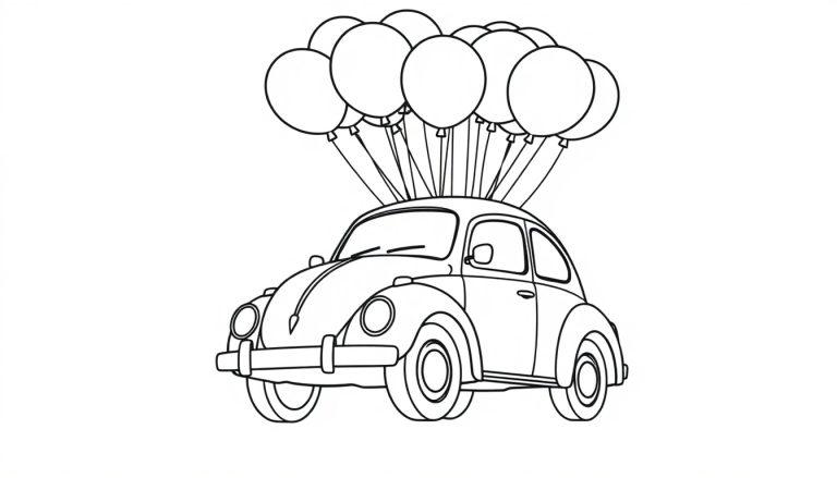 Schwarz-weiße Farbtafel: Ein fröhlicher VW Käfer fliegt mit vielen bunten Ballons davon.