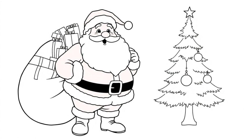 Schwarz-weiß Farbtafel: Weihnachtsmann mit Geschenk-Sack und Weihnachtsbaum.
