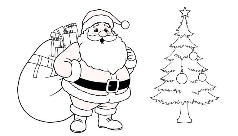 Schwarz-weiß Farbtafel: Weihnachtsmann mit Geschenk-Sack und Weihnachtsbaum.