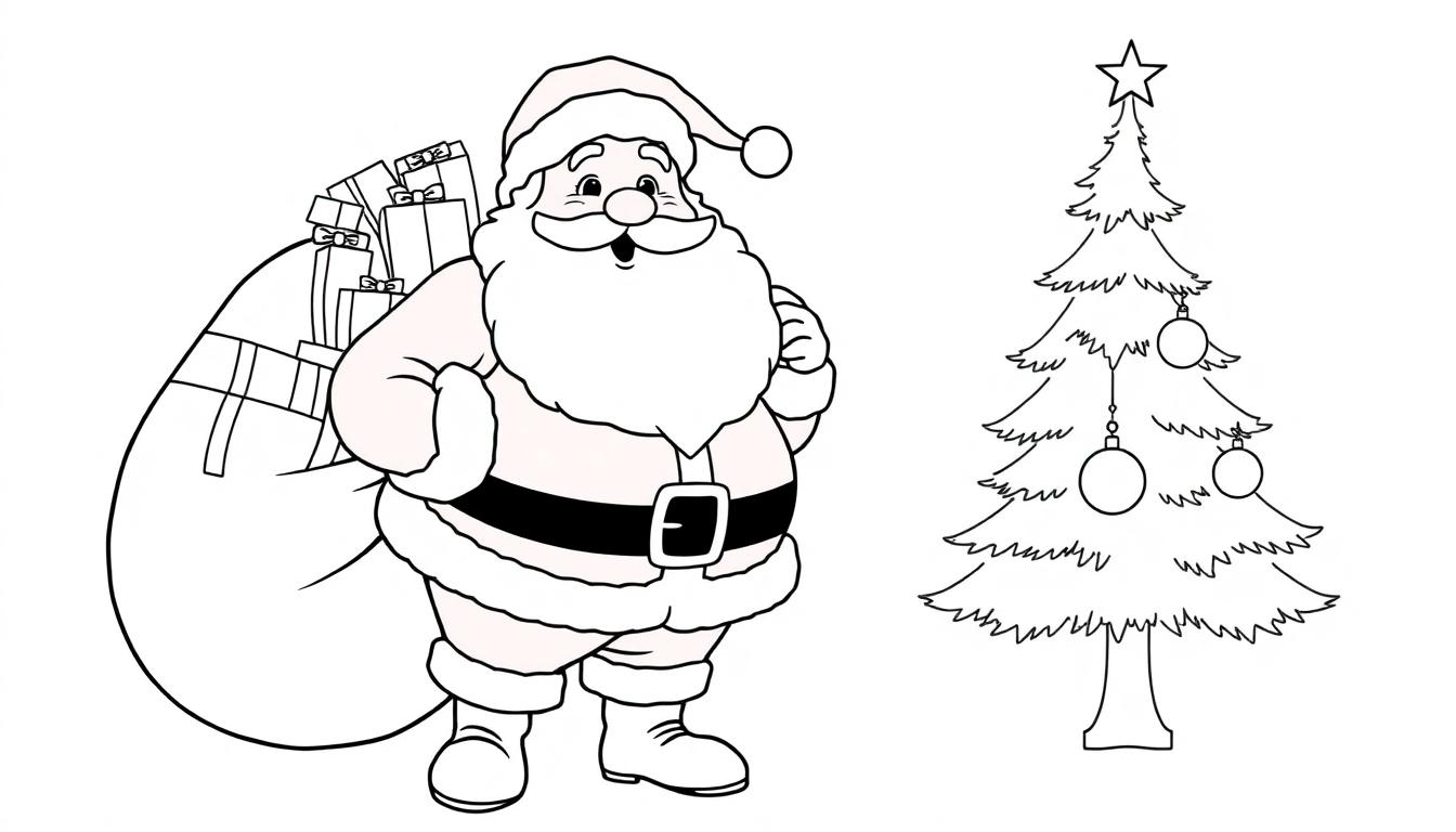 Schwarz-weiß Farbtafel: Weihnachtsmann mit Geschenk-Sack und Weihnachtsbaum.