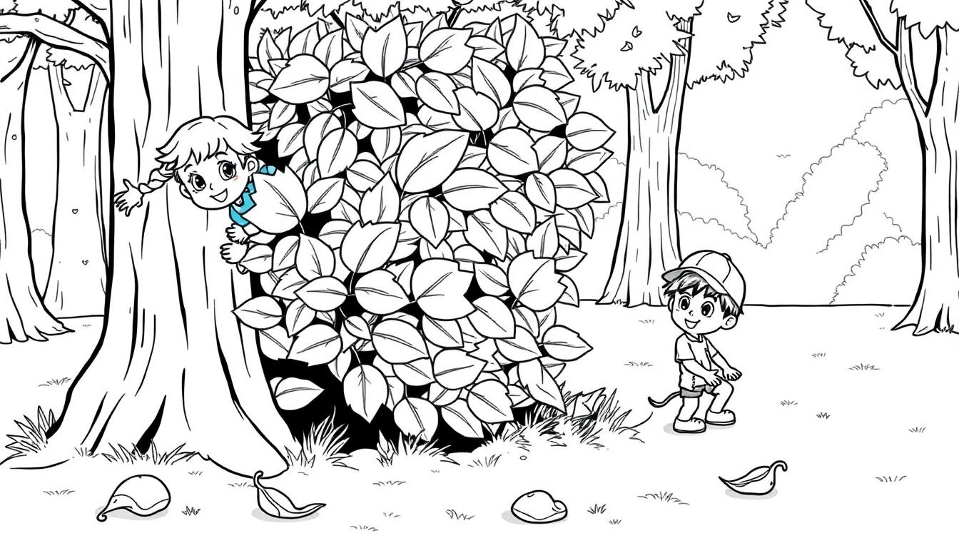 Schwarz-weiße Farbtafel-Illustration eines Waldes mit einem Werwolf und seinen Freunden, die Verstecken spielen.