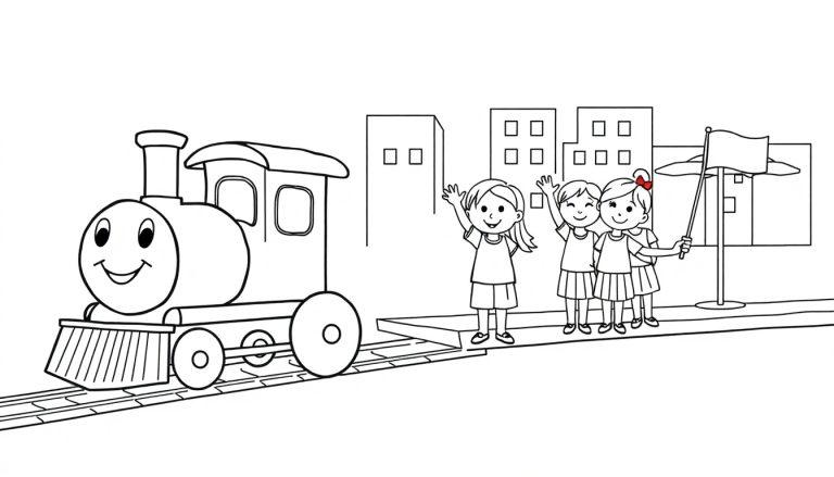 Schwarz-weiße Farbtafel: Ein Zug mit freundlichem Gesicht steht auf Gleisen, drei Kinder winken aufgeregt vom Bahnsteig aus. Im Hintergrund sind unscharfe Gebäude zu sehen.