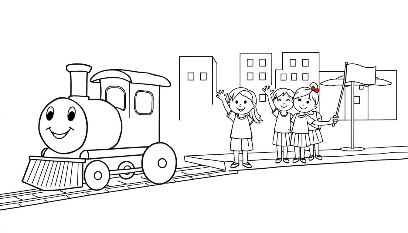 Schwarz-weiße Farbtafel: Ein Zug mit freundlichem Gesicht steht auf Gleisen, drei Kinder winken aufgeregt vom Bahnsteig aus. Im Hintergrund sind unscharfe Gebäude zu sehen.