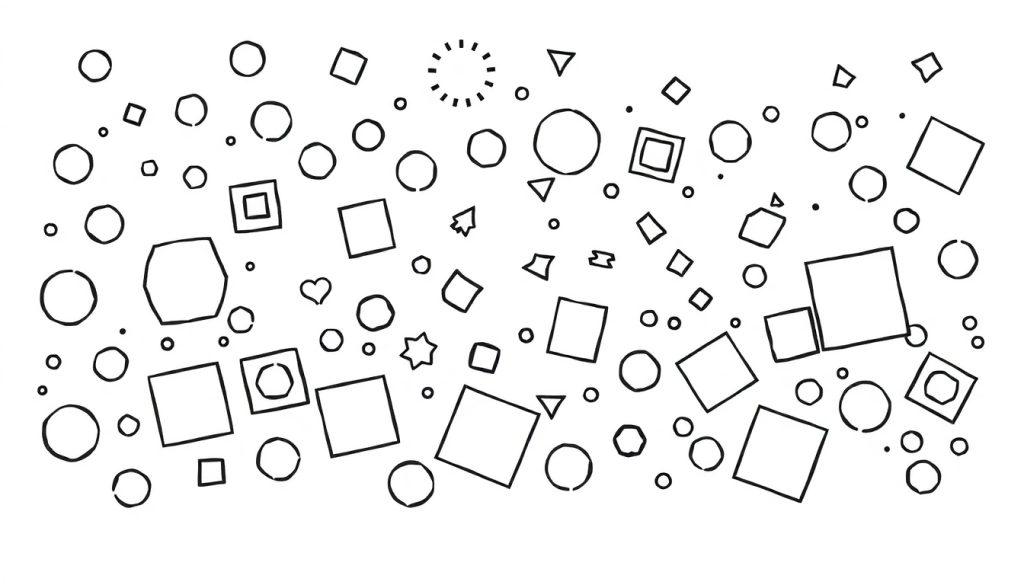 Eine Farbtafel mit verschiedenen schwarzen geometrischen Formen wie Kreisen, Quadraten und Sternen auf weißem Hintergrund.