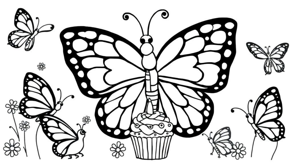 Eine Farbtafel-Zeichnung von Schmetterlingen und Blumen mit einem Cupcake.