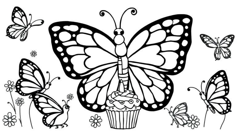Eine Farbtafel-Zeichnung von Schmetterlingen und Blumen mit einem Cupcake.