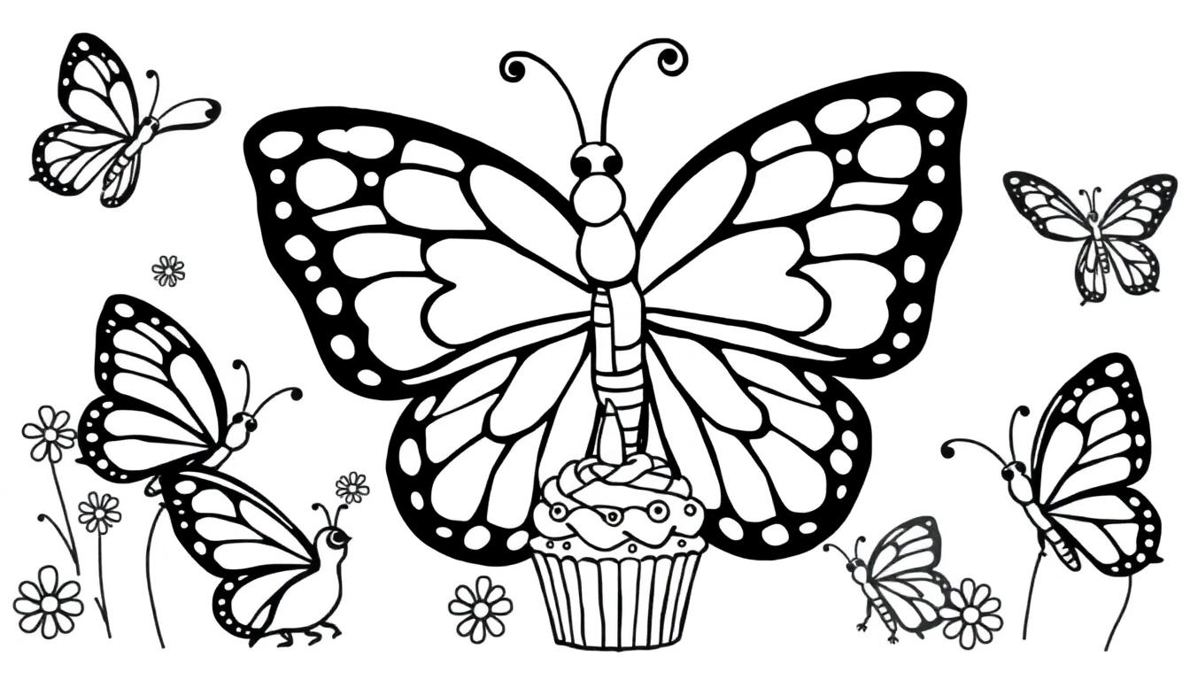Eine Farbtafel-Zeichnung von Schmetterlingen und Blumen mit einem Cupcake.