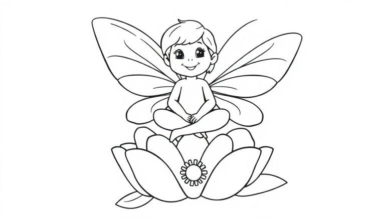 Eine freundliche kleine Fee mit funkelnden Flügeln sitzt auf einer Blume, bereit zum Ausmalen. Schwarz-weiß, Farbtafel.