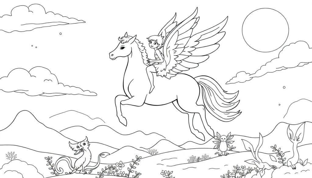 Ein geflügeltes Pferd mit einer Fee auf dem Rücken fliegt über eine Fantasielandschaft.