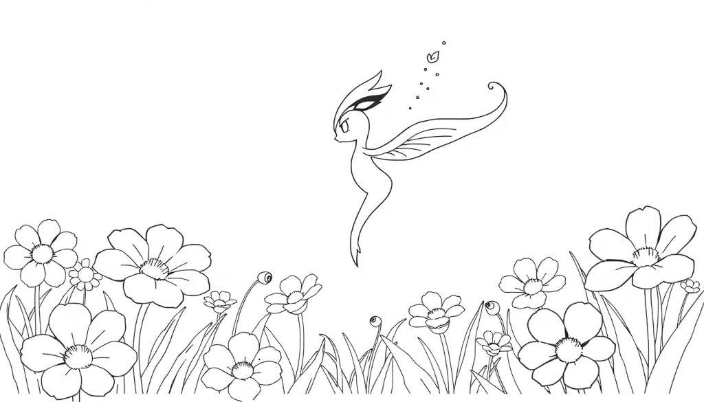 Eine Schwarz-Weiß-Zeichnung einer Fee, die über einer Blumenwiese schwebt, mit Punkten, die sie umgeben.